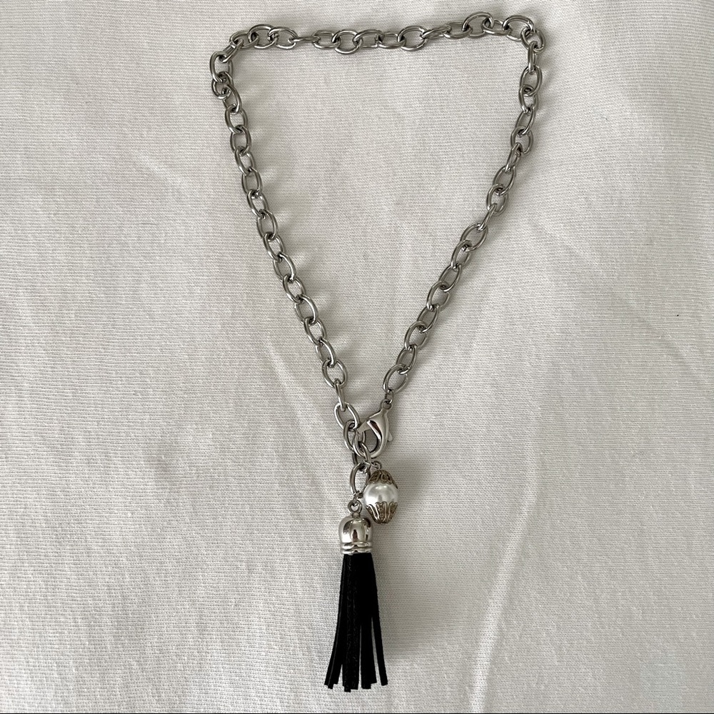 Chunky Silver Chain Necklace with Pearly Bead Bauble and Black Suede Tassel